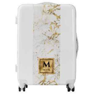 White and Gold Marble Monogram Elegant Luxury Luggage