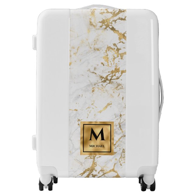 White and Gold Marble Monogram Elegant Luxury  Luggage (Front)