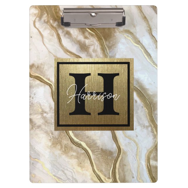 White and Gold Marble Monogram Name Personalized Clipboard (Front)
