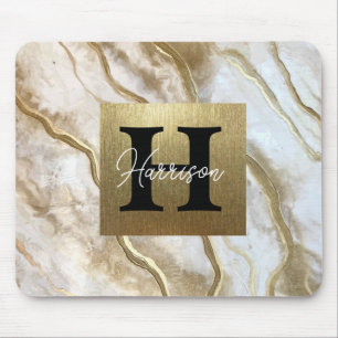White and Gold Marble Monogram Name Personalized Mouse Pad