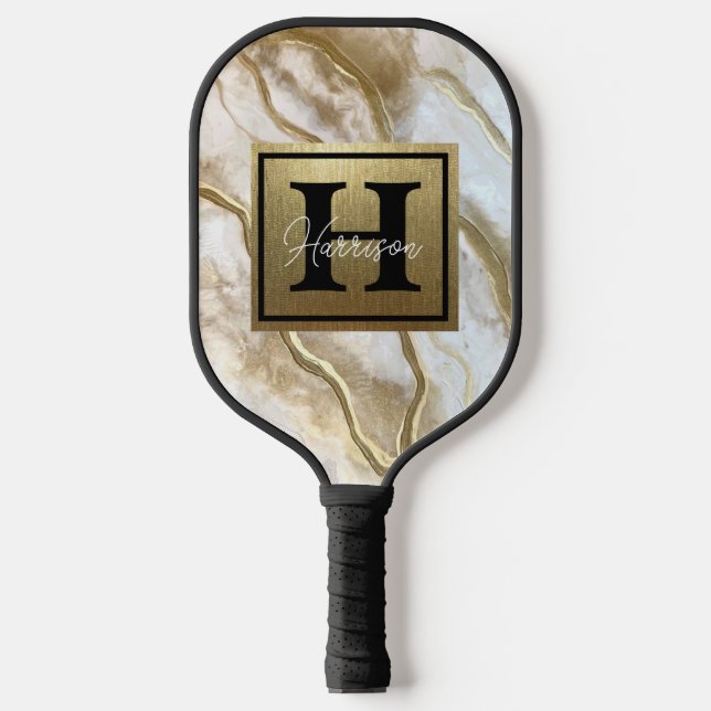 White and Gold Marble Monogram Name Personalized  Pickleball Paddle (Front)