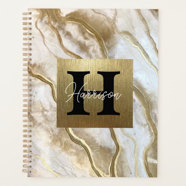 White and Gold Marble Monogram Name Personalized  Planner (Front)