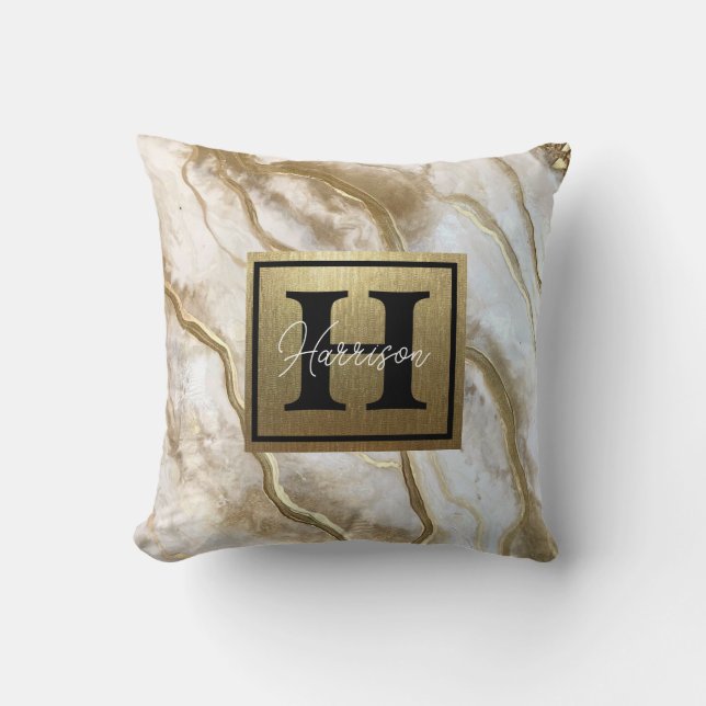 White and Gold Marble Monogram Name Personalized Throw Pillow (Front)