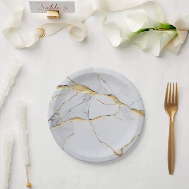 White and gold marble  paper plates (Wedding)