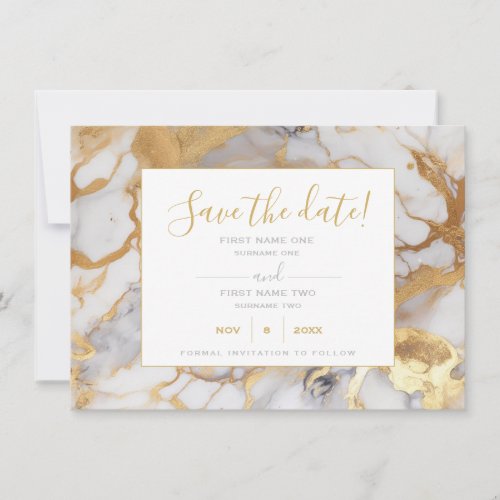 White and gold marble save the date card