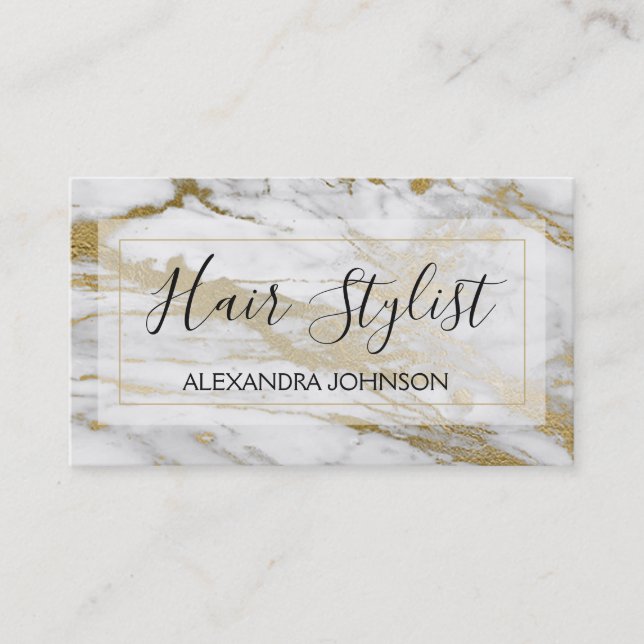 White and Gold Marble Trendy Hair Stylist Business Card (Front)