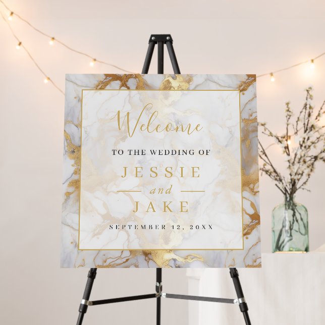 White and gold marble Wedding Welcome sign (In Situ (Stand))
