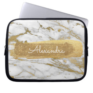 White and Gold Marble with Gold Foil and Glitter Laptop Sleeve