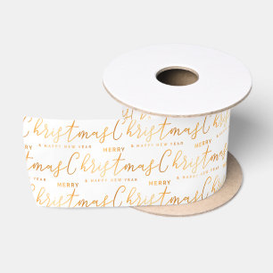 White and Gold Merry Christmas Word Art Satin Ribbon