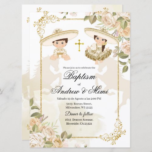 White and Gold Mexican Twin Boy and Girl Baptism Invitation