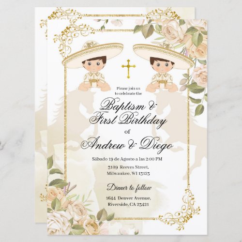 White and Gold mexican twin boys invitation