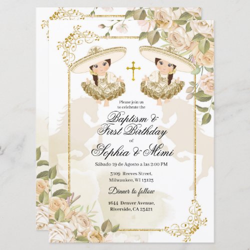 White and Gold Mexican Twin Girl Baptism Invitation