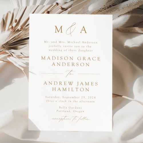 White and Gold Modern Elegance Monogram Wedding Invitation