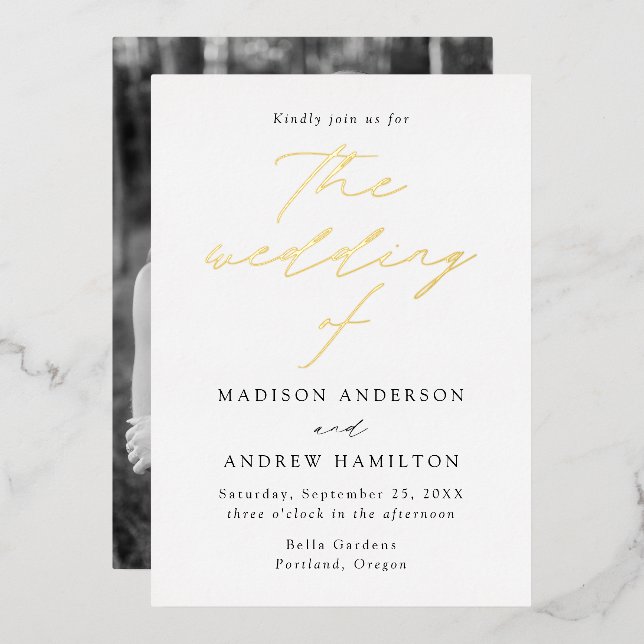 White and Gold Modern Elegance Photo Wedding Foil Invitation (Front/Back)