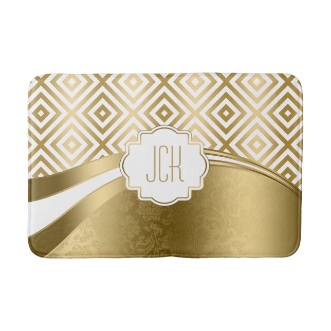 White And Gold Modern Geometric Pattern Bathroom Mat (Front)