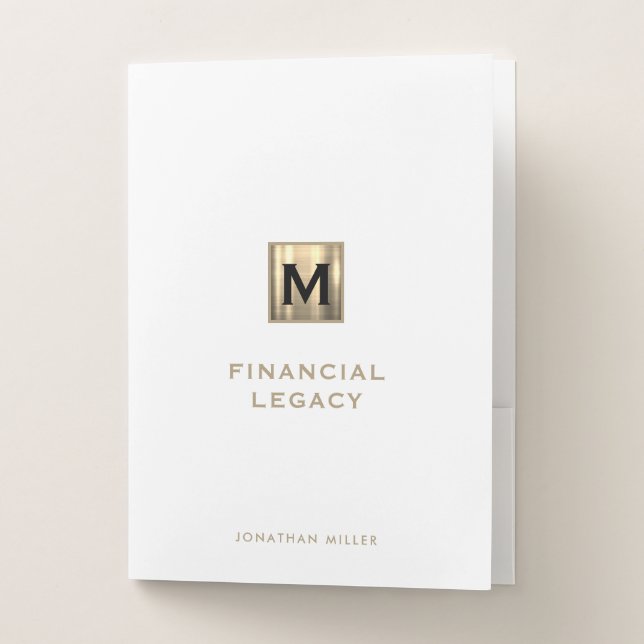 White and Gold Modern Monogram Pocket Folder (Front)