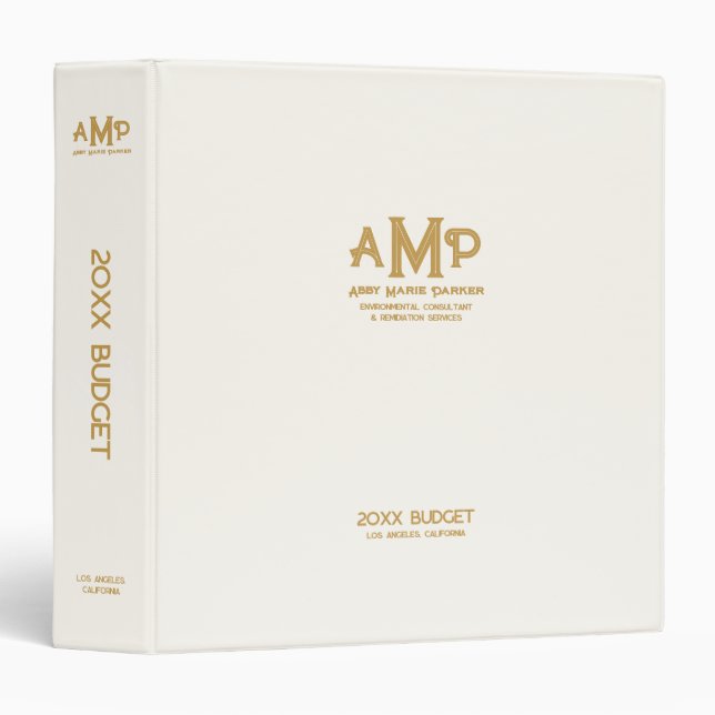 White and Gold Monogram Business  3 Ring Binder (Front/Spine)
