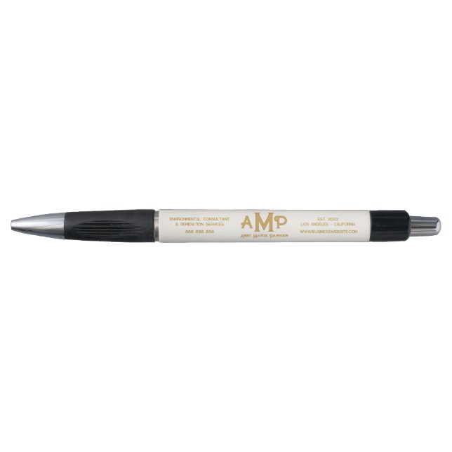 White and Gold Monogram Business Logo Pen (Front)