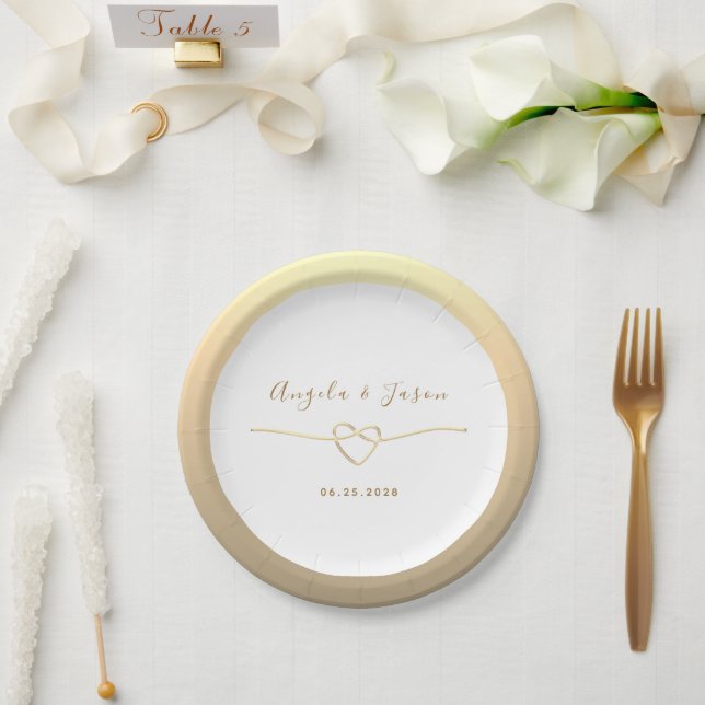 White and Gold Monogram Heart Wedding Paper Plates (Wedding)