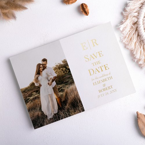 White and Gold Monogram Photo Save the Date Card