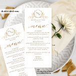 White and Gold Monogram Wedding Double-sided Menu<br><div class="desc">Elegant double-sided wedding menu card with a delicate, fine hand-drawn monogram with the couple's initials. Ability to add your own name(s), date, and menu description on the front and monogram initials. Ability to add the exact same menu on the front and the back, or to add on the back your...</div>