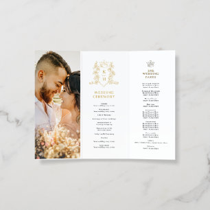 White and gold monogram wedding program brochure