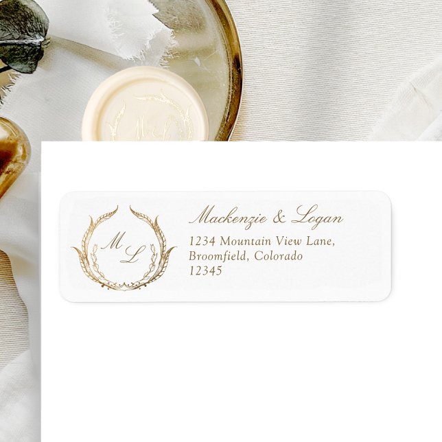 White and Gold Monogram Wedding Return Address Label (Creator Uploaded)