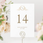 White and Gold Monogram Wedding Table Number<br><div class="desc">Help your guests find their table with this elegant monogrammed table number. Double-sided cards. White and gold design with clear space all around gives you the liberty to use a table holder or frame. Attractive hand-drawn botanical crest monogram in faux gold foil. Ability to make changes to text size, style,...</div>