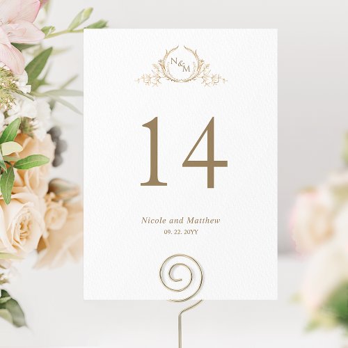 White and Gold Monogram Wedding Table Number