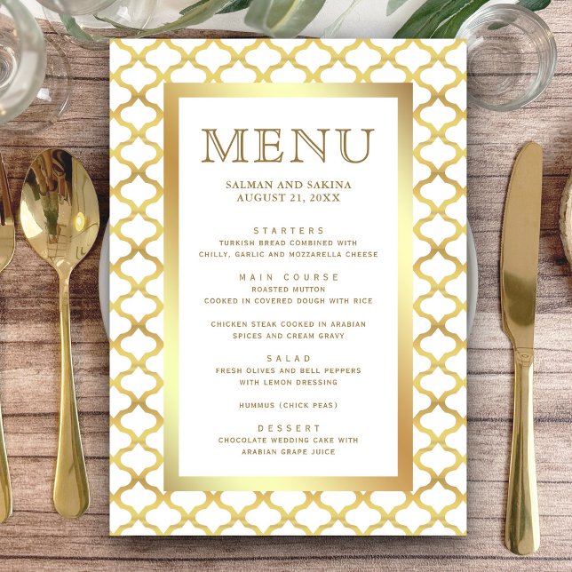 White and Gold Moroccan Quatrefoil Wedding Menu (Creator Uploaded)