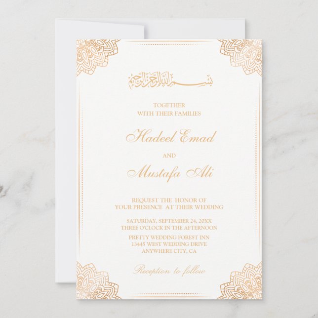 White and Gold Muslim Wedding Invitation (Front)
