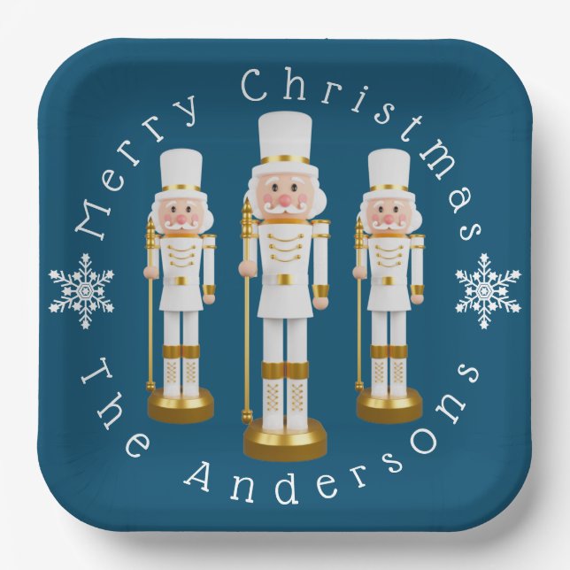 White and Gold Nutcrackers Personalize Paper Plates (Front)