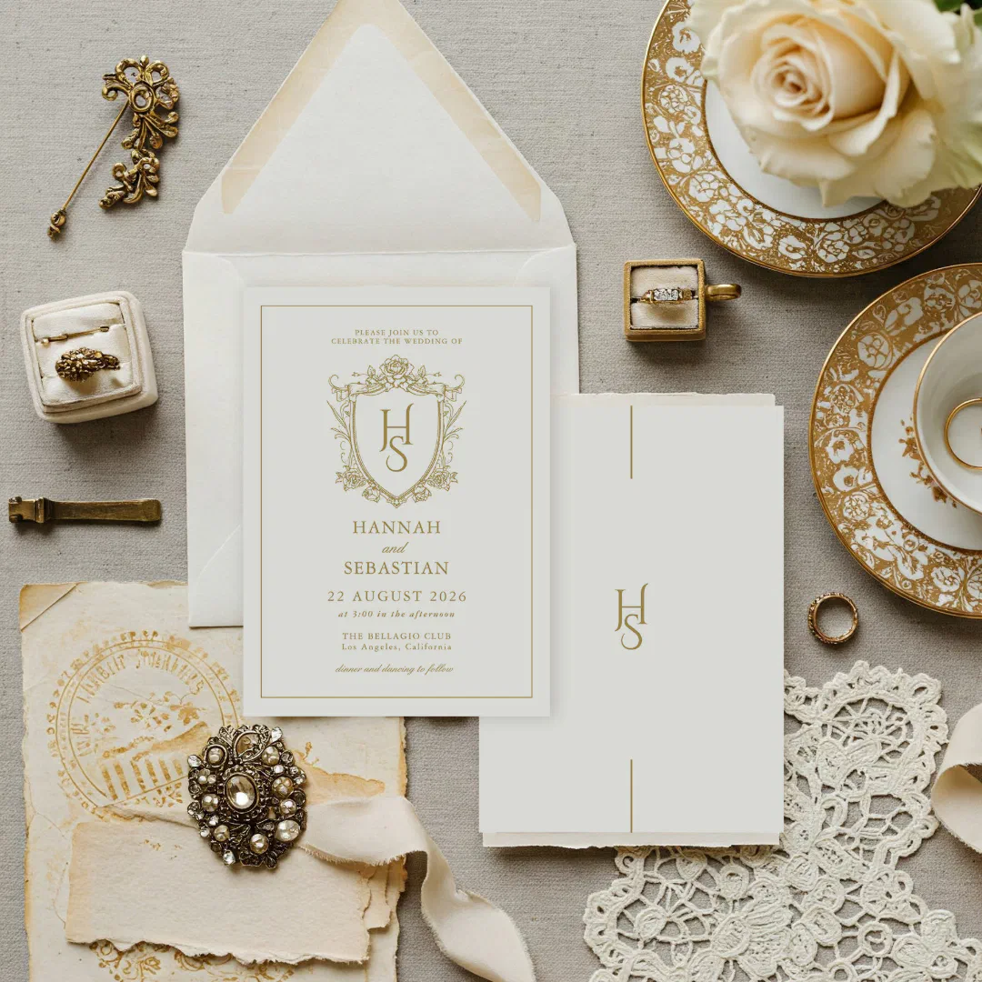 An elegant white and gold wedding invitation with a floral monogram crest, styled among gold-rimmed china, antique brooches, velvet ring boxes, and lace.