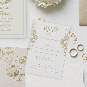 White and Gold Old Money Vintage Crest Wedding RSVP Card