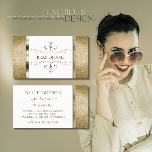 White and Gold Ornaments Golden Glitter Ornamental Business Card