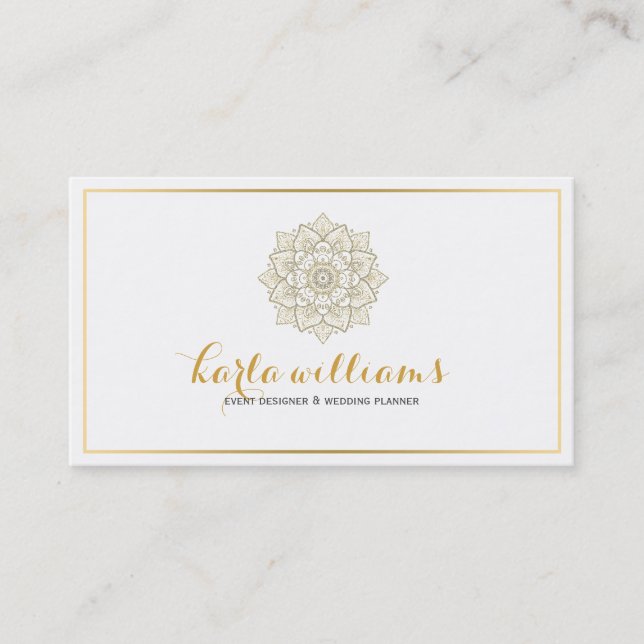 White And Gold Ornate Floral Mandala Business Card (Front)