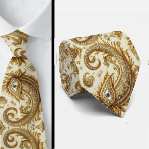 White and Gold Paisley Diamond 3d Style Neck Tie