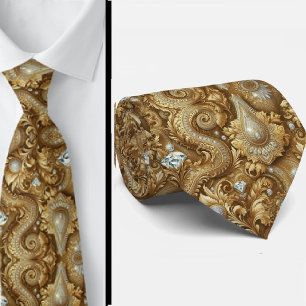 White and Gold Paisley Diamond 3d Style Neck Tie