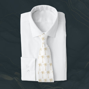White and Gold Palm Tree Pattern Neck Tie
