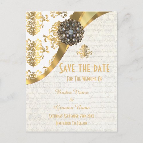 White and gold parchment damask save the date announcement postcard