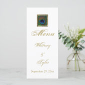 White and Gold Peacock Feather Menu Card (Standing Front)