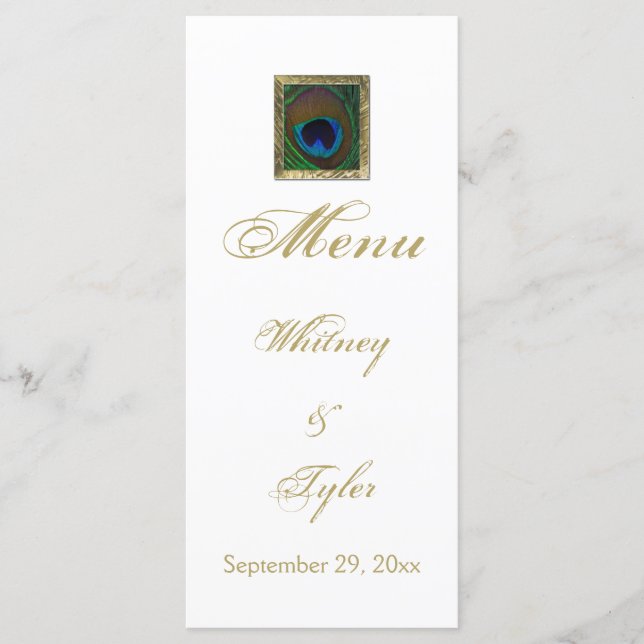 White and Gold Peacock Feather Menu Card (Front)