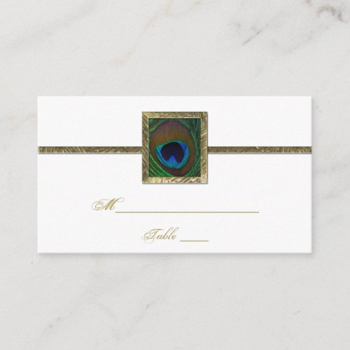 White and Gold Peacock Feather Place Card Business Card Template