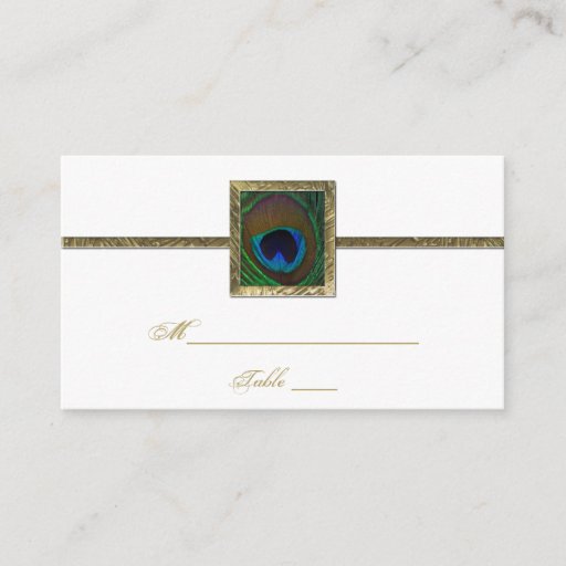Customizable White and Gold Peacock Feather Place Card Business Card Template