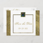 White and Gold Peacock Feather Save the Date Card (Front/Back)