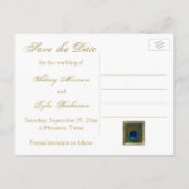 White and Gold Peacock Feather Save the Date Card (Back)