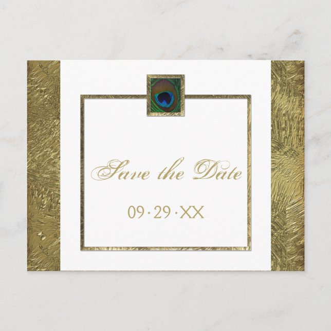 White and Gold Peacock Feather Save the Date Card (Front)