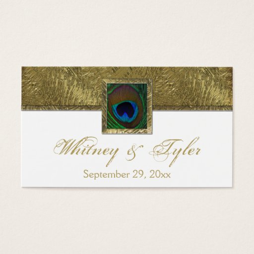 Customizable White and Gold Peacock Feather Wedding Favor Tag Business Card Template
