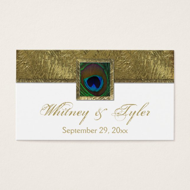 White and Gold Peacock Feather Wedding Favor Tag (Front)