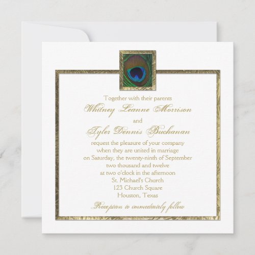 White and Gold Peacock Feather Wedding Invitation